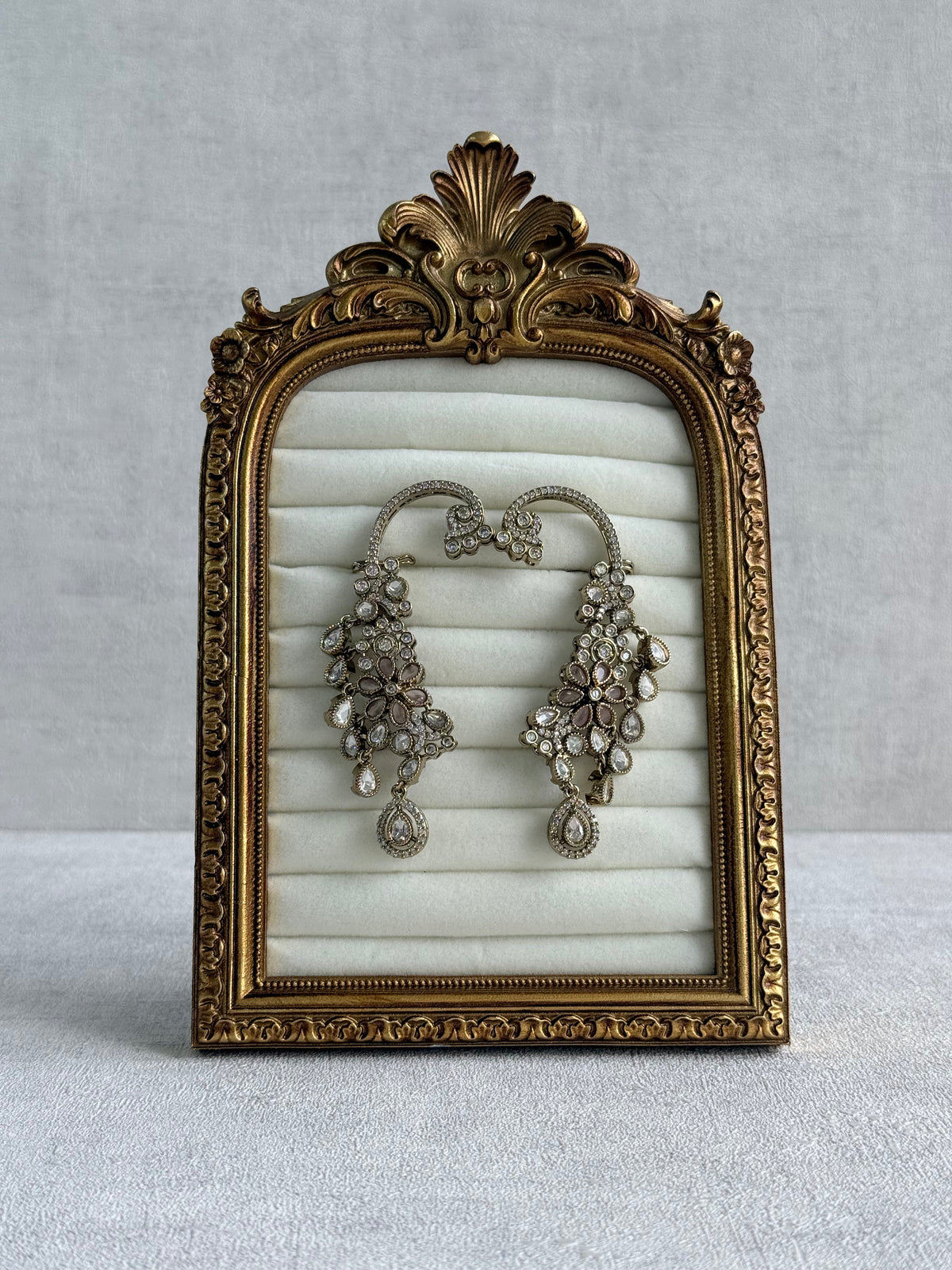 Ayura Designs Aksara Kaanphool Earrings – Blush Pink Stones, Kundan, Crystals & Antique Gold Finish