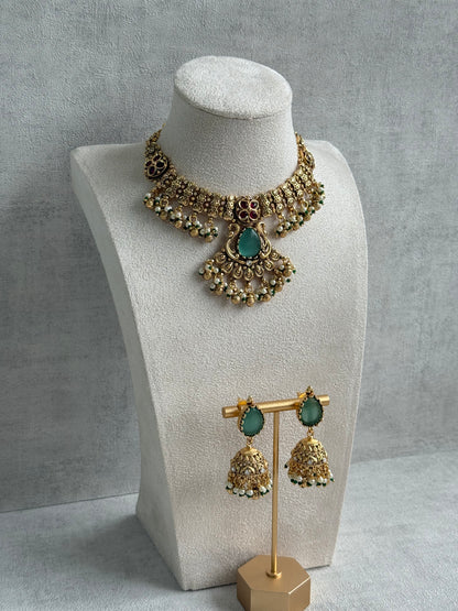Ayura Designs Urvashi Set – Antique Gold Necklace & Jhumkis with Mint Green Stone, Ruby & Pearl Detailing
