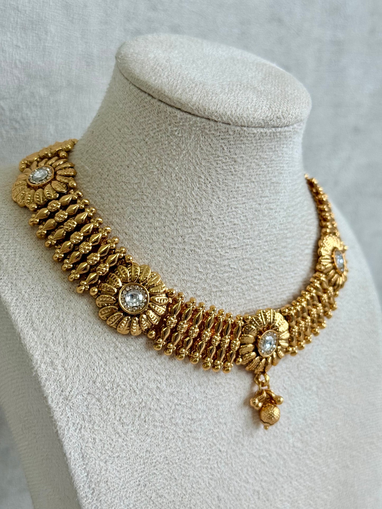 Ayura Designs Arisa Choker Set with Jhumkis – Antique Gold Floral Motifs with Ghungroo Drops