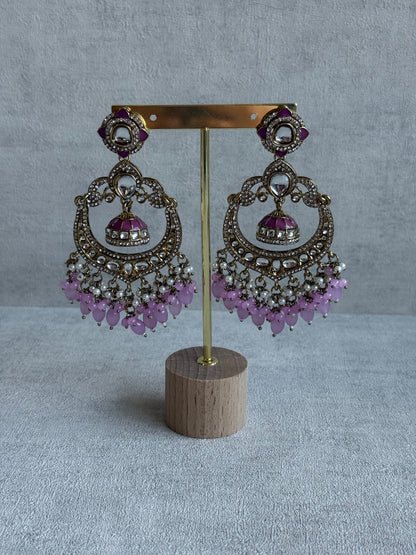 Ayura Designs Reha Earrings – Statement Chandbalis with Lavender Pink Beads, Pearls & Mirror-Cut Stones