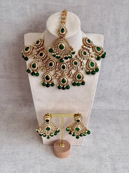 Ayura Designs Janvi Set with Necklace, Earrings & Tikka – Kundan Detailing, Emerald Green Beads & Pearls Drops