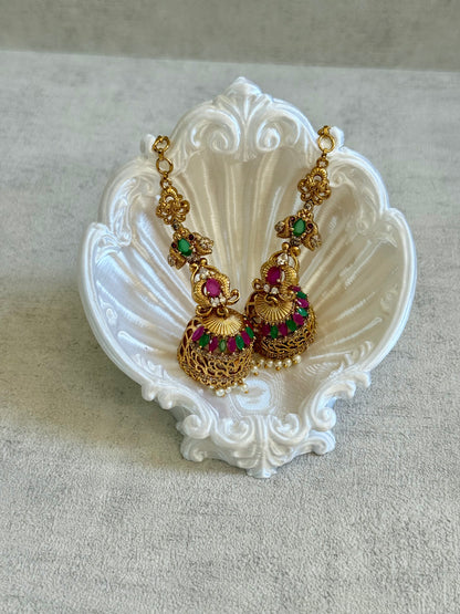 Ayura Designs Alar Jhumkis – Ear Climber in Antique Gold with Emerald & Pink Stones and Pearl Drops