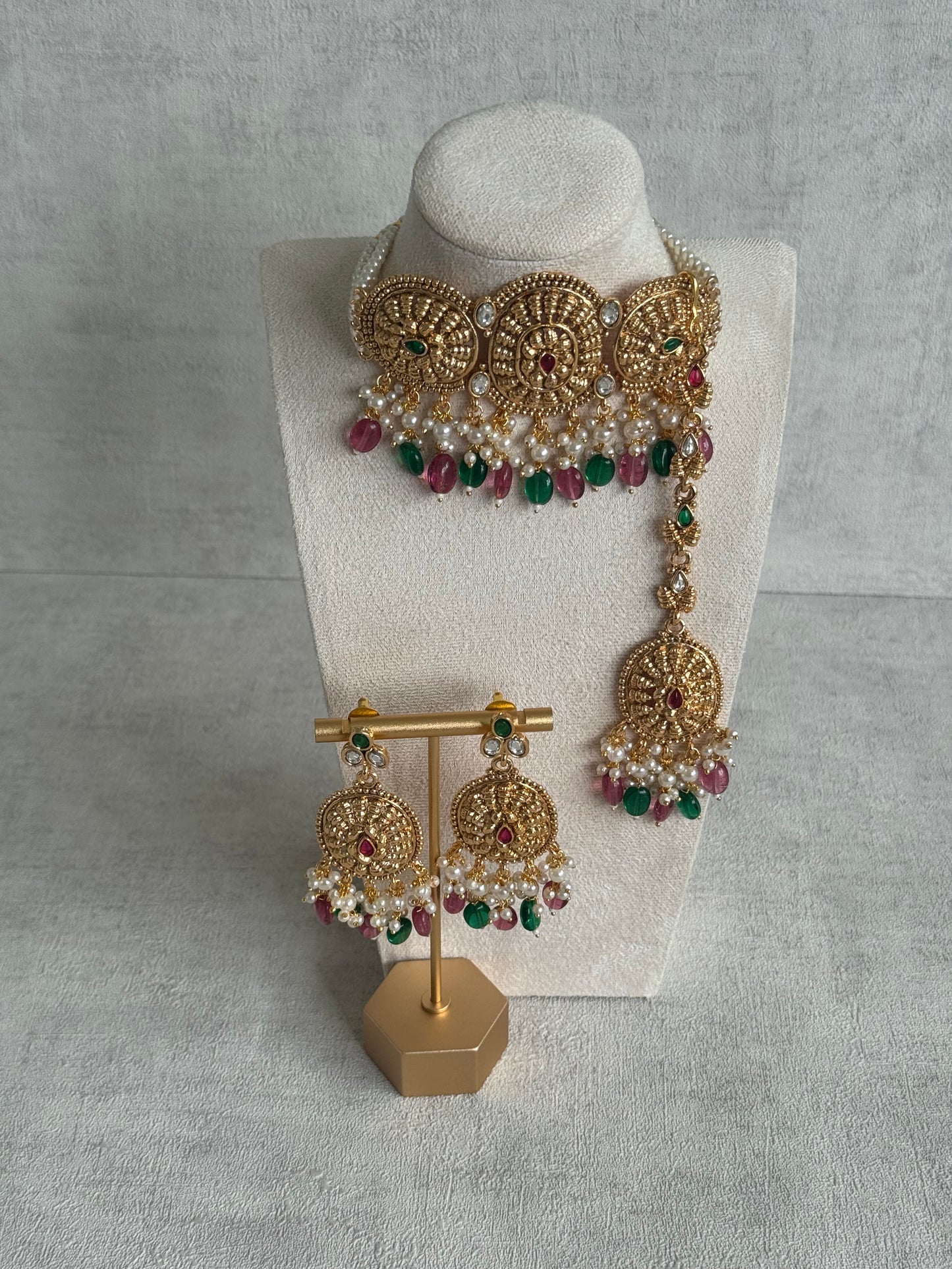 Ayura Designs Tanveer Choker Set with Earrings & Tikka – Antique Gold with Mirror-Cut Stones, Ruby & Emerald Beads