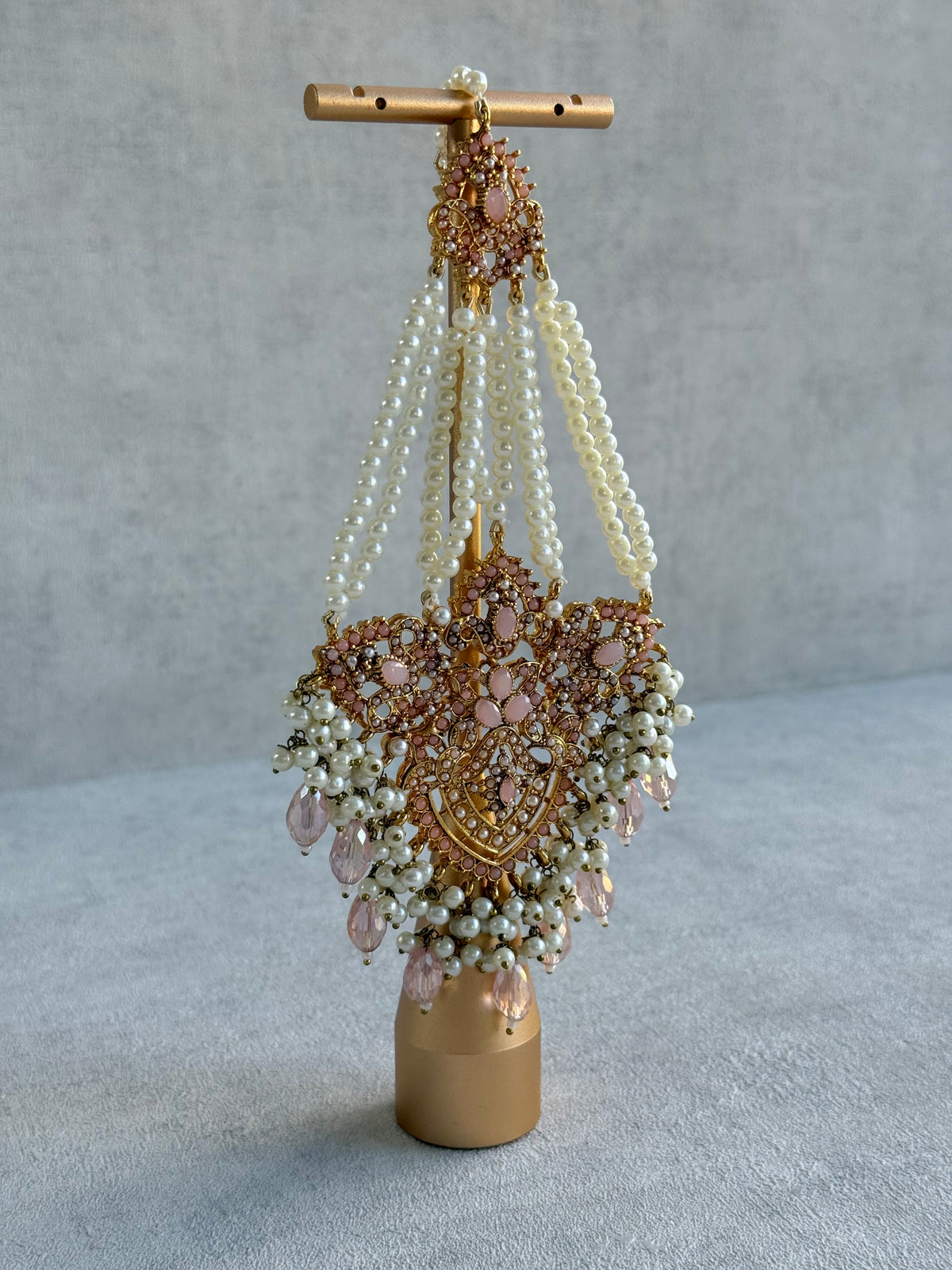 Ayura Designs Zahara Jhoomar Passa – Blush Pink Stones, Ivory Pearls & Gold Finish