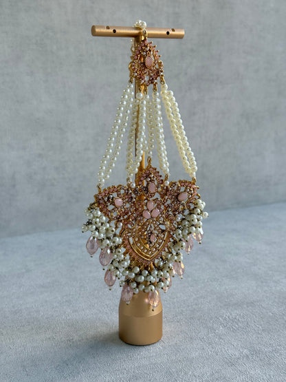 Ayura Designs Zahara Jhoomar Passa – Blush Pink Stones, Ivory Pearls & Gold Finish