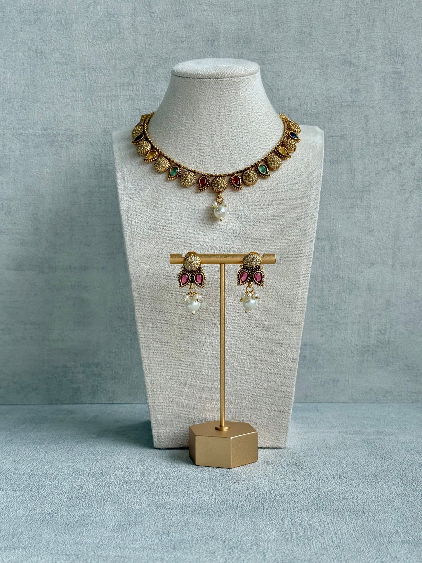 Ayura Designs Mayura Necklace Set with Earrings – Antique Gold Meenakari Motifs with Pearl Drop & Multicolour Stones