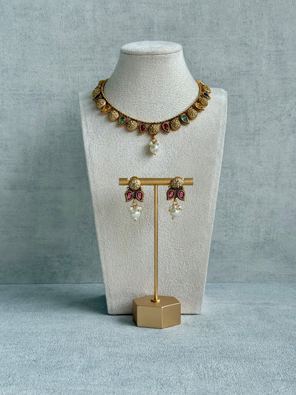 Ayura Designs Mayura Necklace Set with Earrings – Antique Gold Meenakari Motifs with Pearl Drop & Multicolour Stones