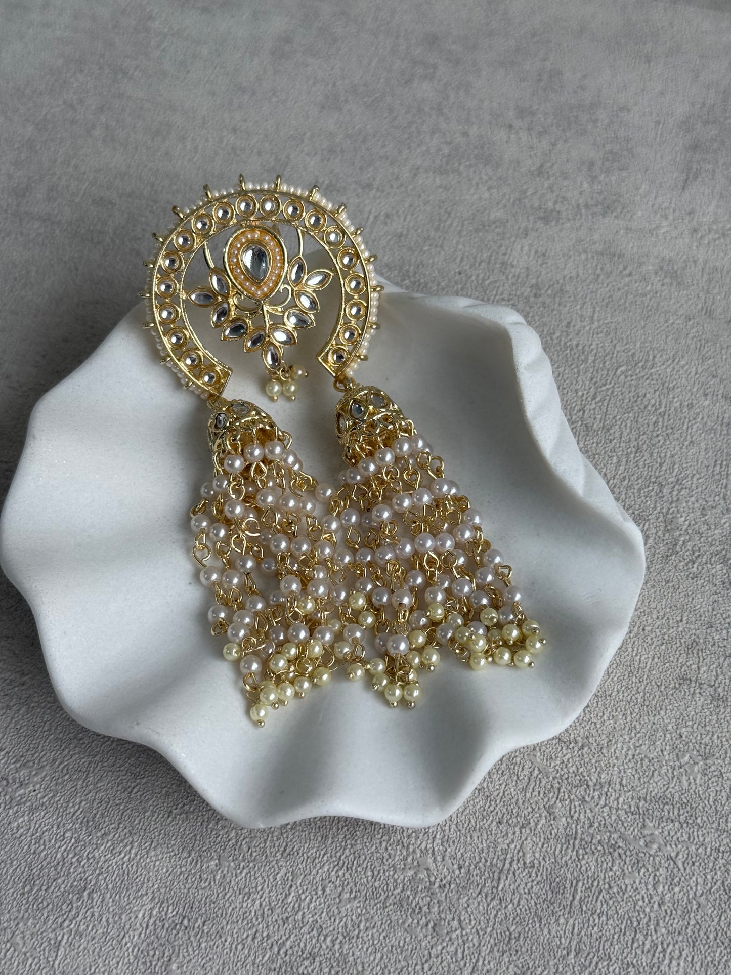 Ayura Designs Kamya Hair Brooch – Polki Crescent with Pearl Tassels in Gold Finish