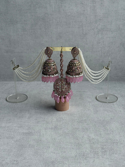 Ayura Designs Amrita Tikka Set – Jhumkis with Sahare & Tikka in Blush Pink, Pearls and Antique Gold Finish