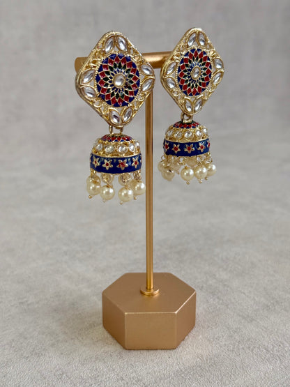 Ayura Designs Rangoli Jhumkis – Midnight Blue & Ruby Red Meenakari with Pearl Drops in Antique Gold Finish