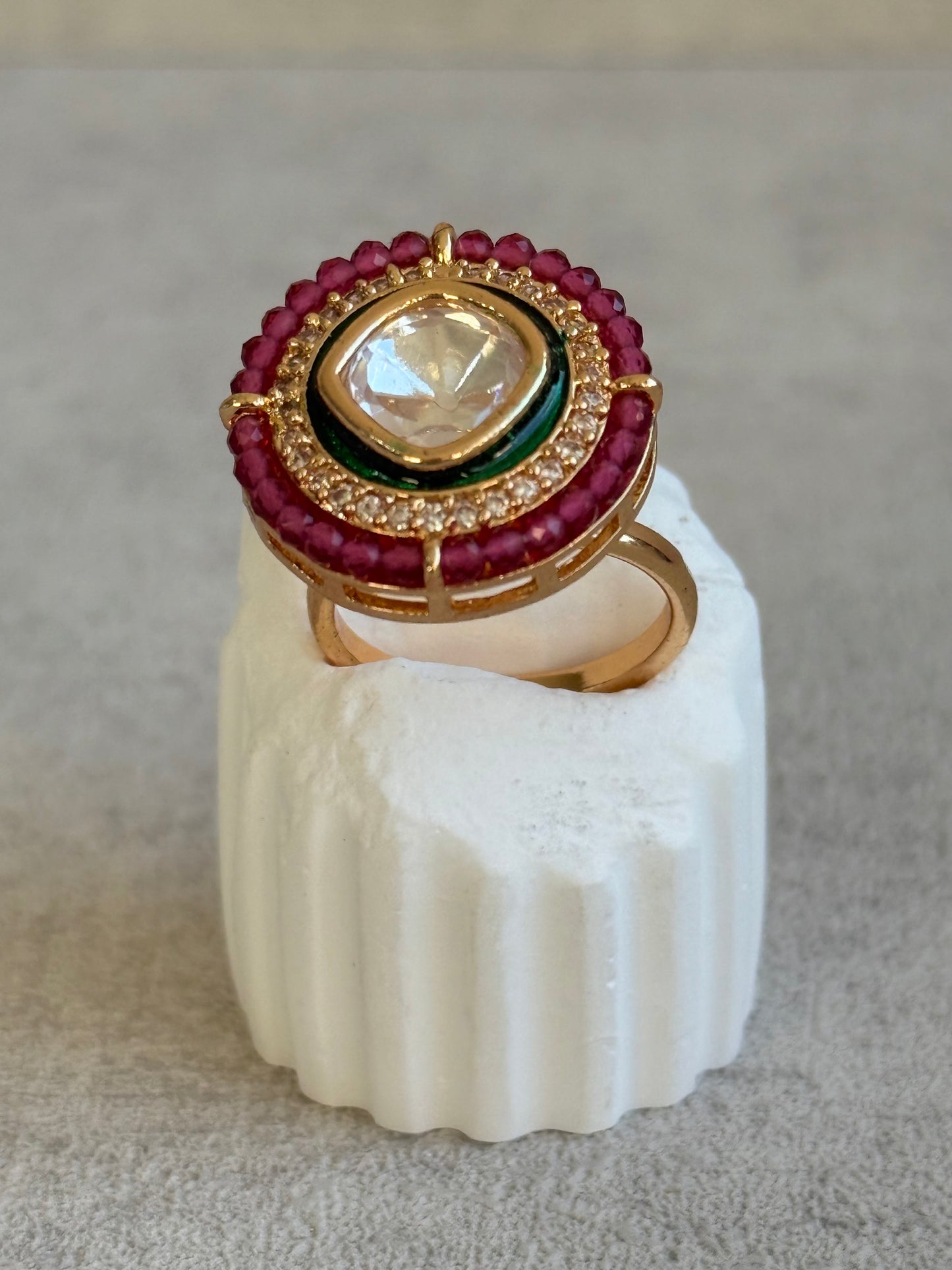 Ayura Designs Roselle Adjustable Ring – Moissanite Centre with Crystal Border & Rani Pink Beads