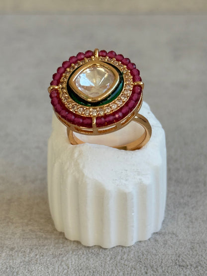 Ayura Designs Roselle Adjustable Ring – Moissanite Centre with Crystal Border & Rani Pink Beads