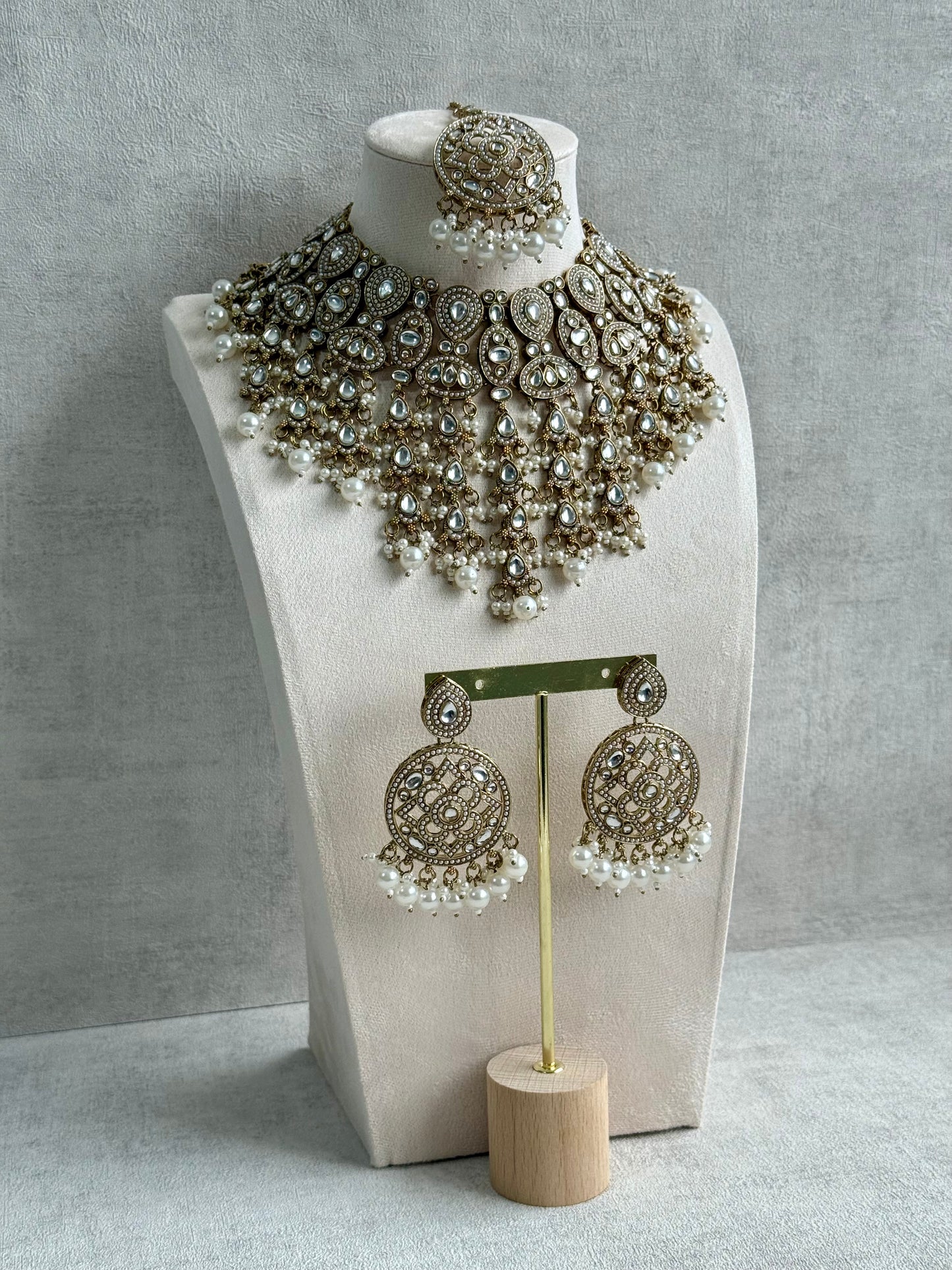 Ayura Designs Tanya Bridal Set with Necklace, Earrings & Tikka – Ivory Pearls, Mirror-Cut Stones & Antique Gold Finish