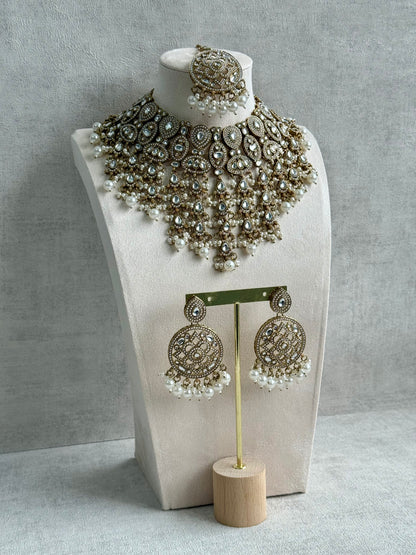 Ayura Designs Tanya Bridal Set with Necklace, Earrings & Tikka – Ivory Pearls, Mirror-Cut Stones & Antique Gold Finish