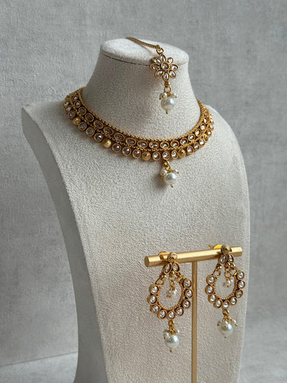 Ayura Designs Rashi Set with Earrings & Tikka – Mirror-Cut Stones with Ivory Pearl Drops in Antique Gold