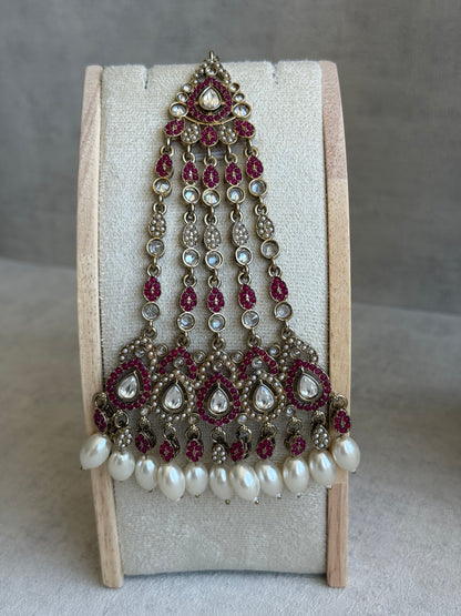 Ayura Designs Riwaayat Set with Necklace, Earrings, Tikka & Passa – Fuchsia Stones, Mirror-Cut Detailing & Ivory Pearl Drops