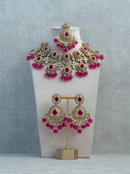 Ayura Designs Janvi Set with Necklace, Earrings & Tikka – Kundan Detailing, Hot Pink Beads & Ivory Pearl Drops