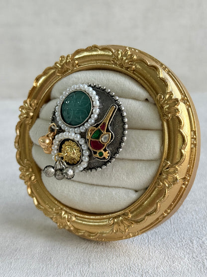 Ayura Designs Mihika Adjustable Ring – Oxidised Statement Ring with Green Stone, Pearl Detailing & Parrot Motif