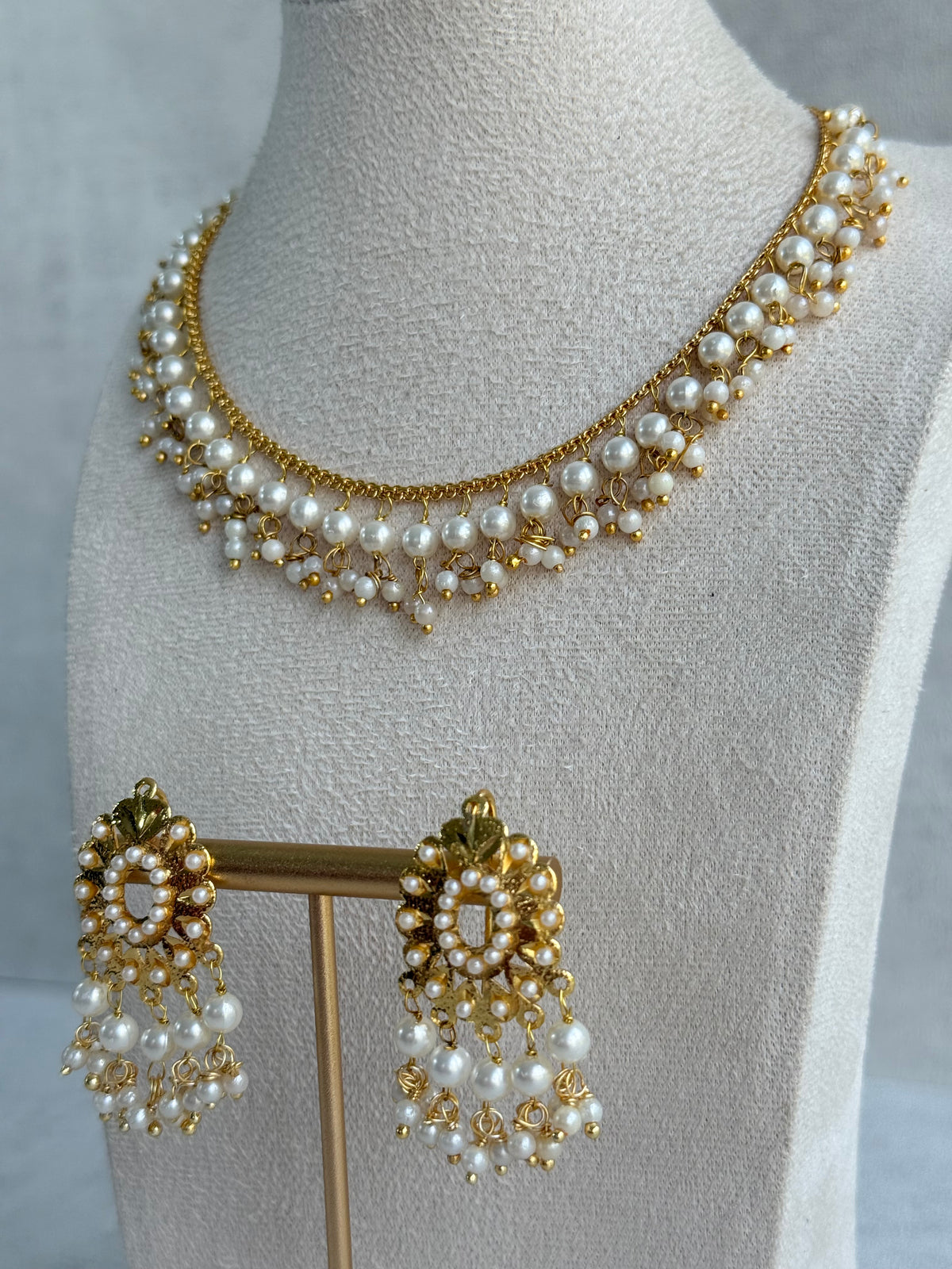 Ayura Designs Tarz Necklace Set with Earrings – Gold Pearl Layered Fringe Design with Pearl Drops