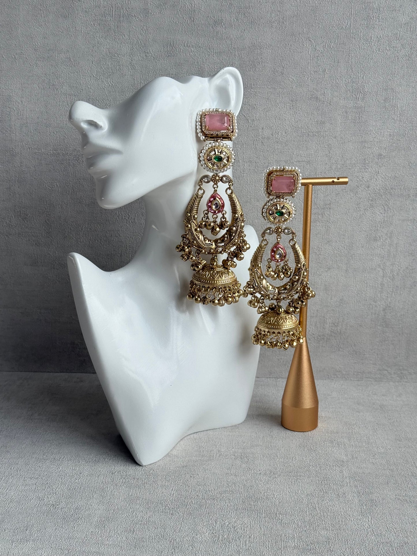 Ayura Designs Zirwa Earrings – Statement Jhumkis with Pink Stones, Green Accents & Pearl Borders & Ghungroos