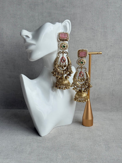 Ayura Designs Zirwa Earrings – Statement Jhumkis with Pink Stones, Green Accents & Pearl Borders & Ghungroos
