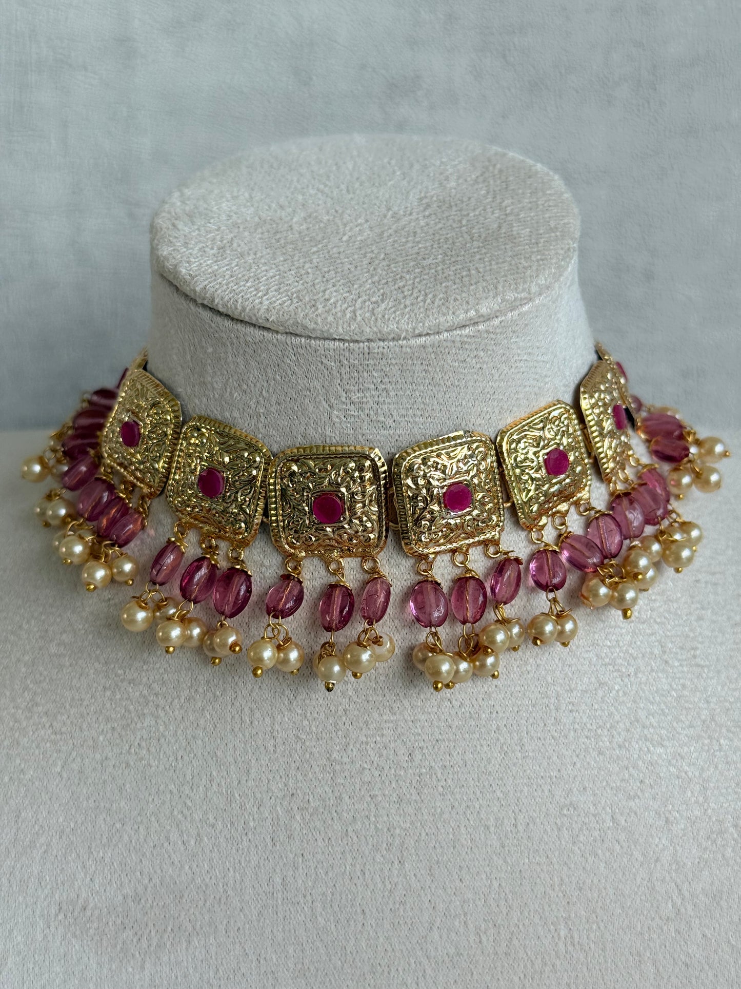 Ayura Designs Chetna Choker Set with Earrings & Tikka – Rani Pink Beads, Cream Pearl Drops with Pipal Patti Detailing
