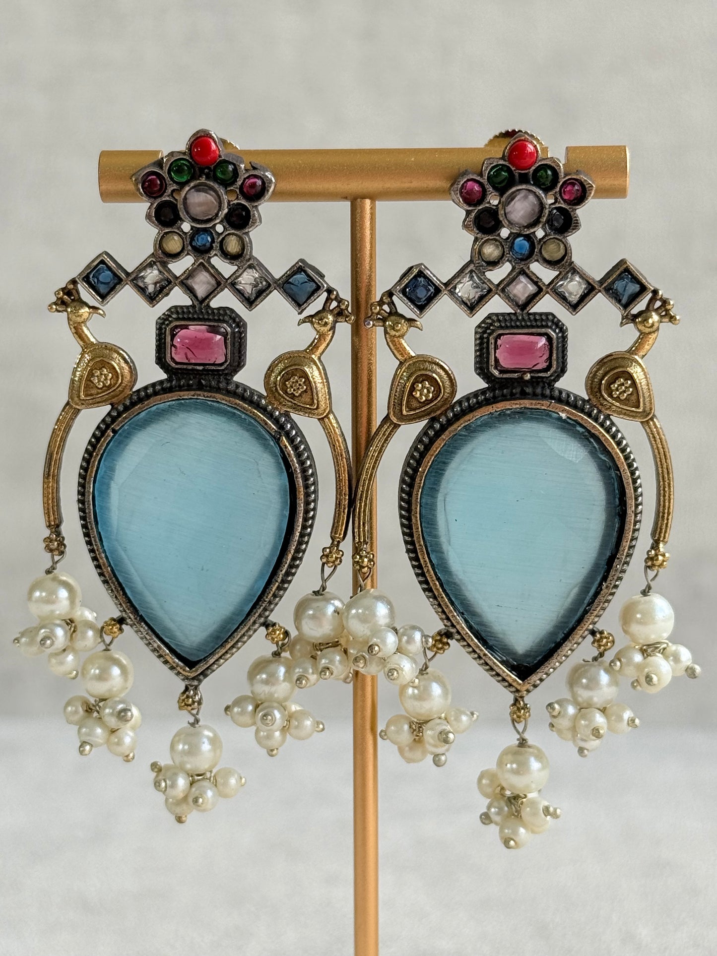 Ayura Designs Kafila Earrings – Dual Tone Oxidised Earrings with Peacock Motifs, Aqua Blue & Multicolour Stones