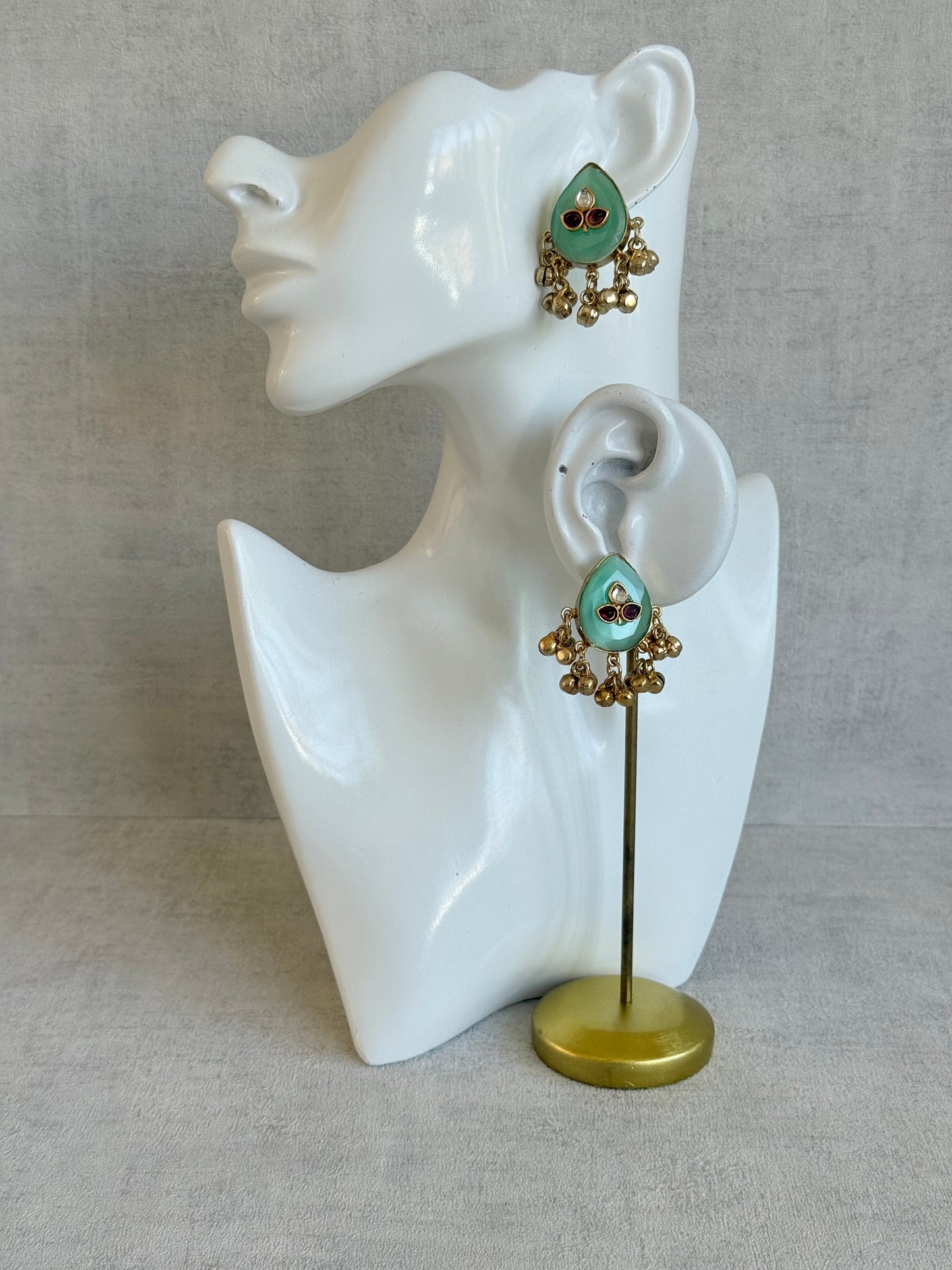 Ayura Designs Aykai Earrings – Mint Green Teardrop Stud Earrings with Clear & Pink Kundan Stones and Gold Ghungroo Drops
