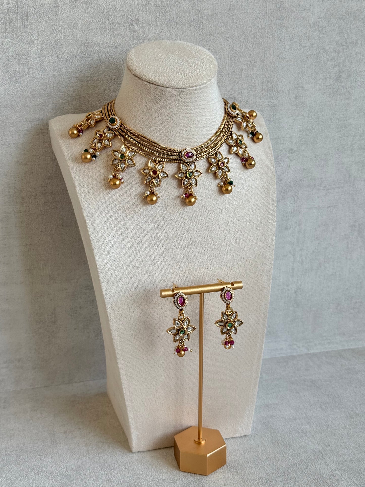 Ayura Designs Daksha Necklace Set with Earrings – Gold Layered Chain Necklace with Ruby Pink & Emerald Green Kundan Floral Motifs