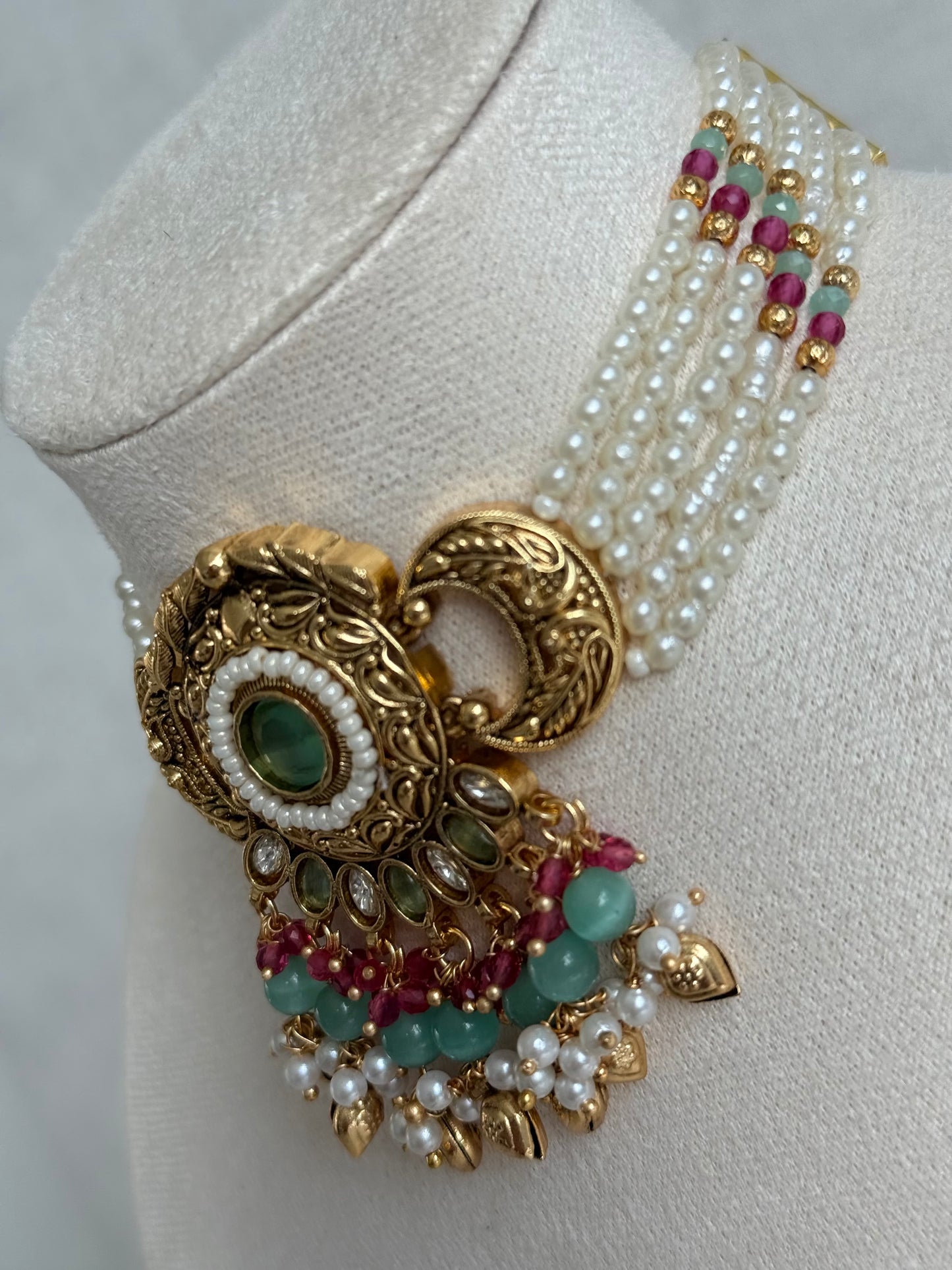 Ayura Designs Mehr Choker Set with Earrings & Tikka – Mint Green Stones, Ruby Pink Beads, Pearl Strands & Antique Gold Finish