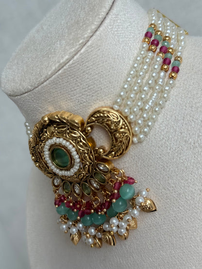 Ayura Designs Mehr Choker Set with Earrings & Tikka – Mint Green Stones, Ruby Pink Beads, Pearl Strands & Antique Gold Finish