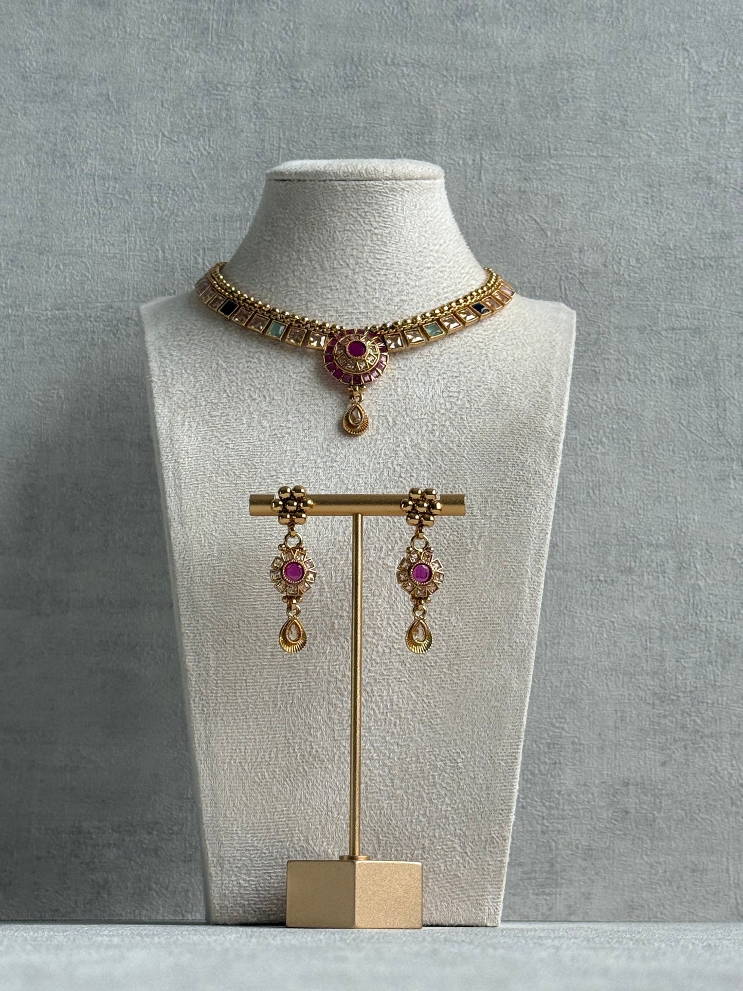 Ayura Designs Nithya Set – Gold Necklace & Earrings with Multicolour Stones and Ruby Centre