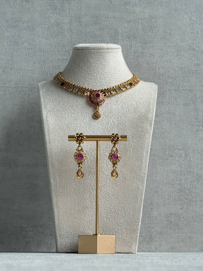 Ayura Designs Nithya Set – Gold Necklace & Earrings with Multicolour Stones and Ruby Centre