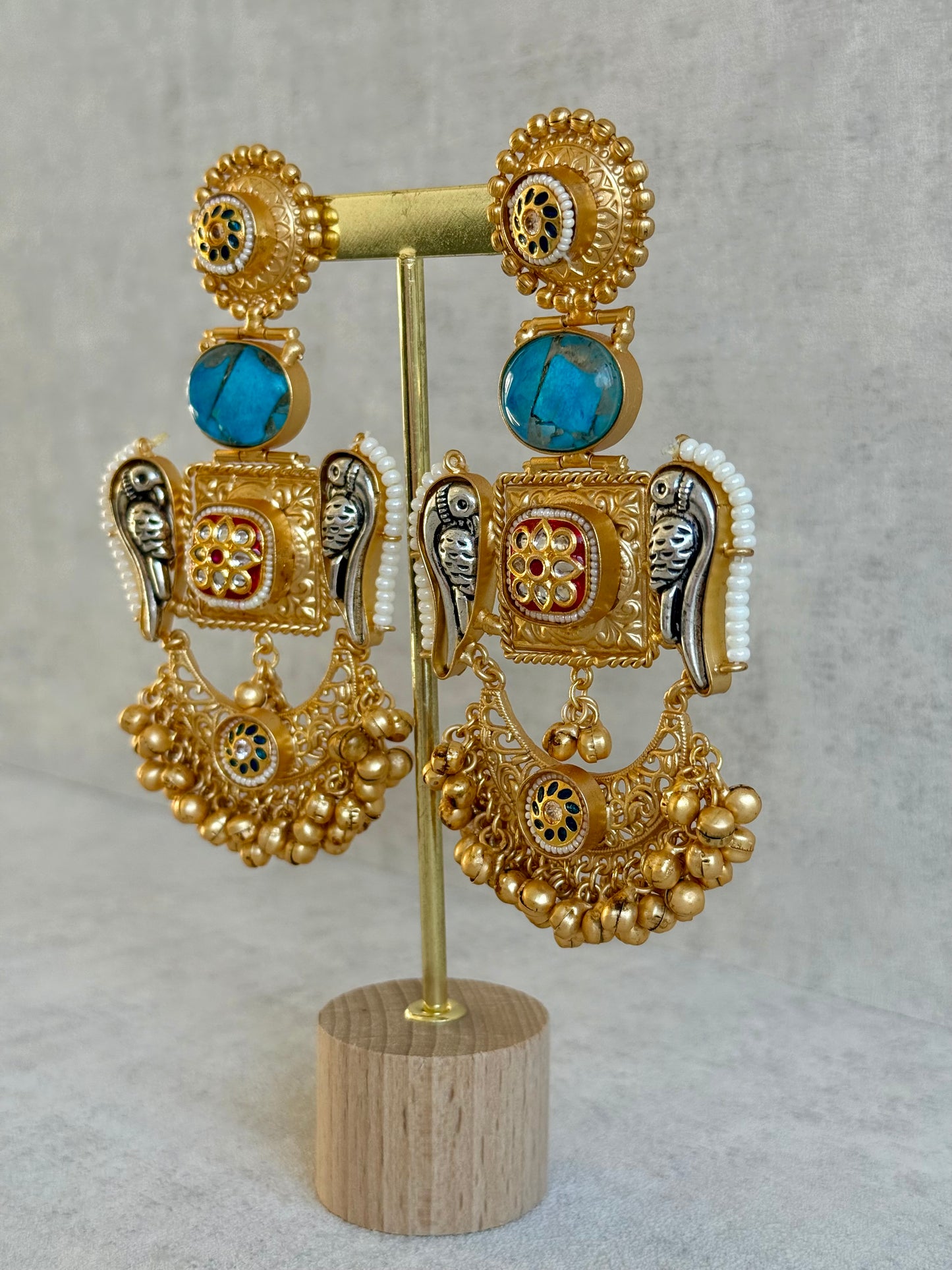 Ayura Designs Soha Earrings – Antique Gold with Turquoise Stone & Oxidised Parrots