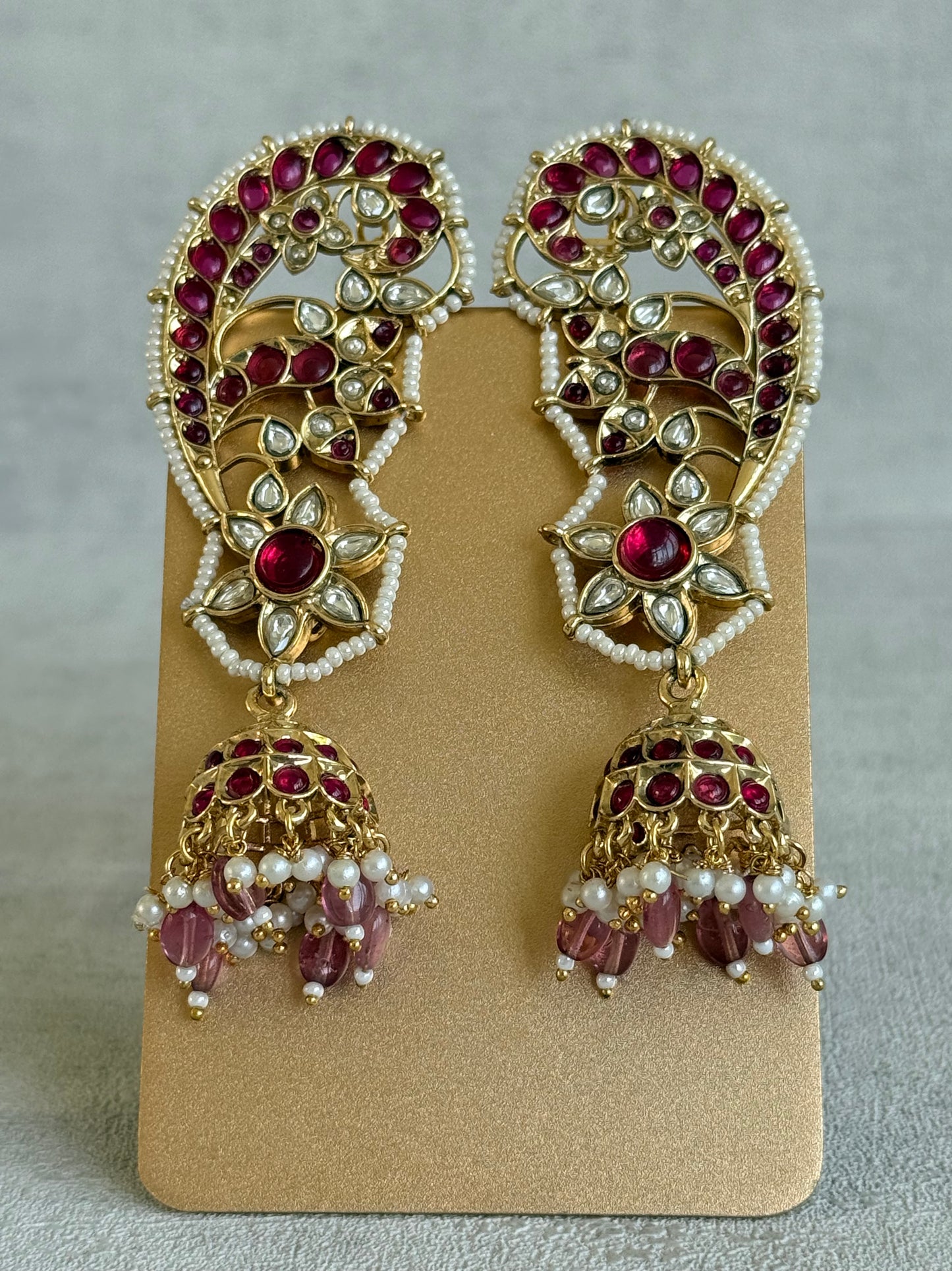 Ayura Designs Urisha Ear Climber Jhumkis – Ruby Pink, Kundan & Pearl Detailing
