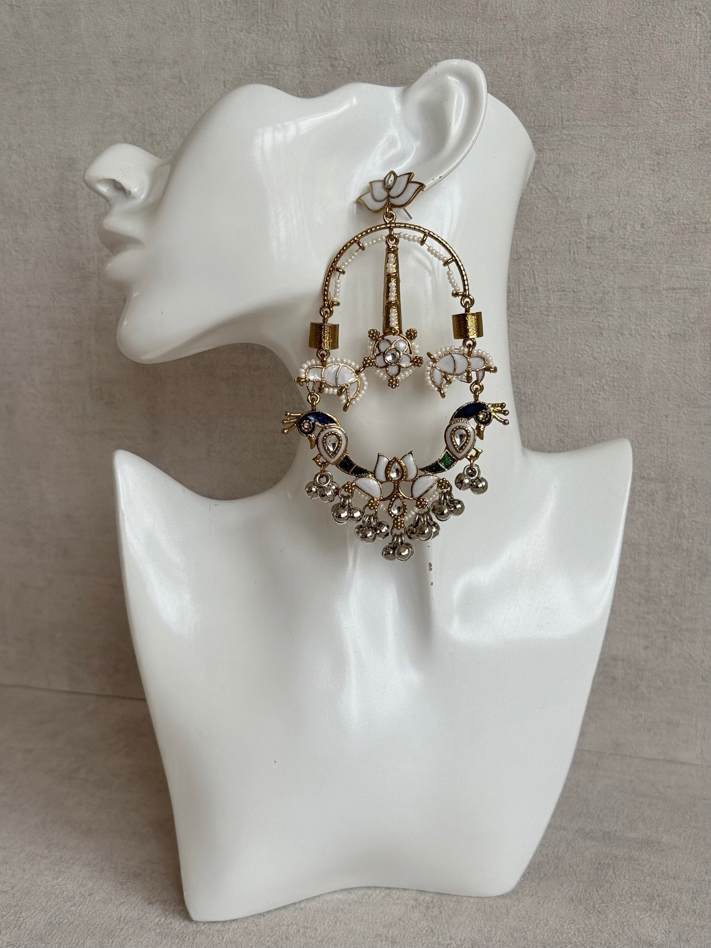 Ayura Designs Zoonpari Earrings – Ivory Pearl, Blue & Green Meenakari Peacock Chandeliers in Dual Tone with Ghungroos