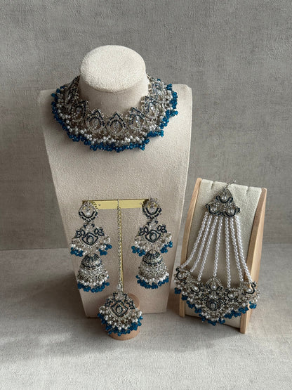 Ayura Designs Wania Set with Jhumkis, Tikka & Passa – Peacock Blue Beads, Mirror-Cut Stones & Antique Silver Finish