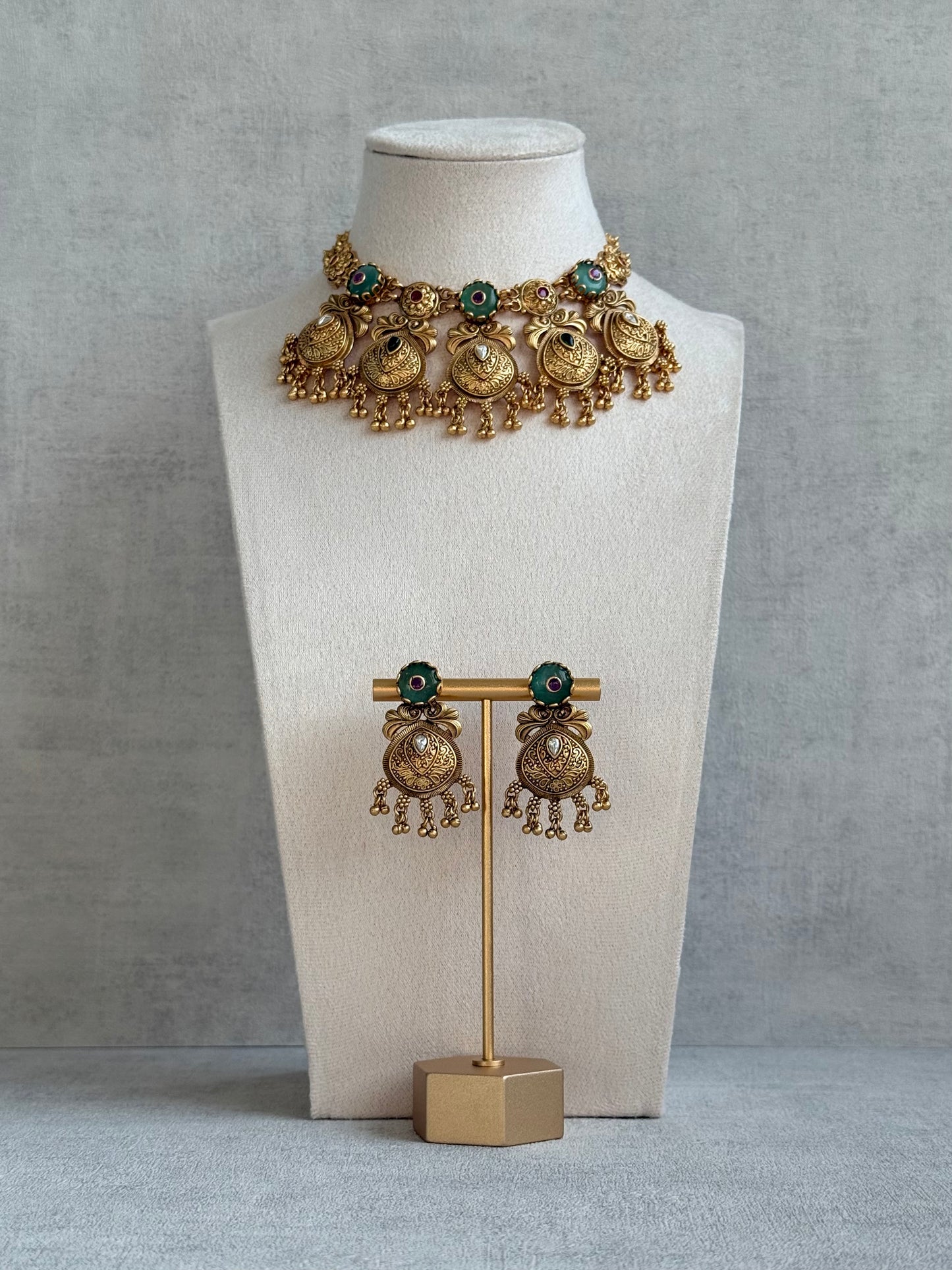 Ayura Designs Alera Set with Necklace & Earrings – Peacock Green and Rani Pink with Antique Gold Ghungroo Detailing