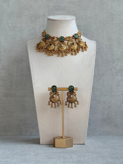 Ayura Designs Alera Set with Necklace & Earrings – Peacock Green and Rani Pink with Antique Gold Ghungroo Detailing