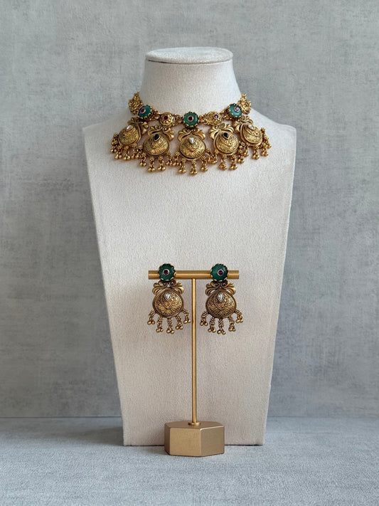 Ayura Designs Alera Set with Necklace & Earrings – Peacock Green and Rani Pink with Antique Gold Ghungroo Detailing