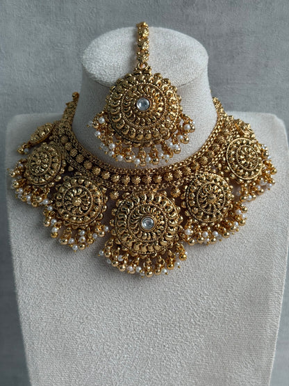 Ayura Designs Rummy Set – Statement Necklace, Earrings & Tikka with Ivory Pearls and Polished Gold Finish