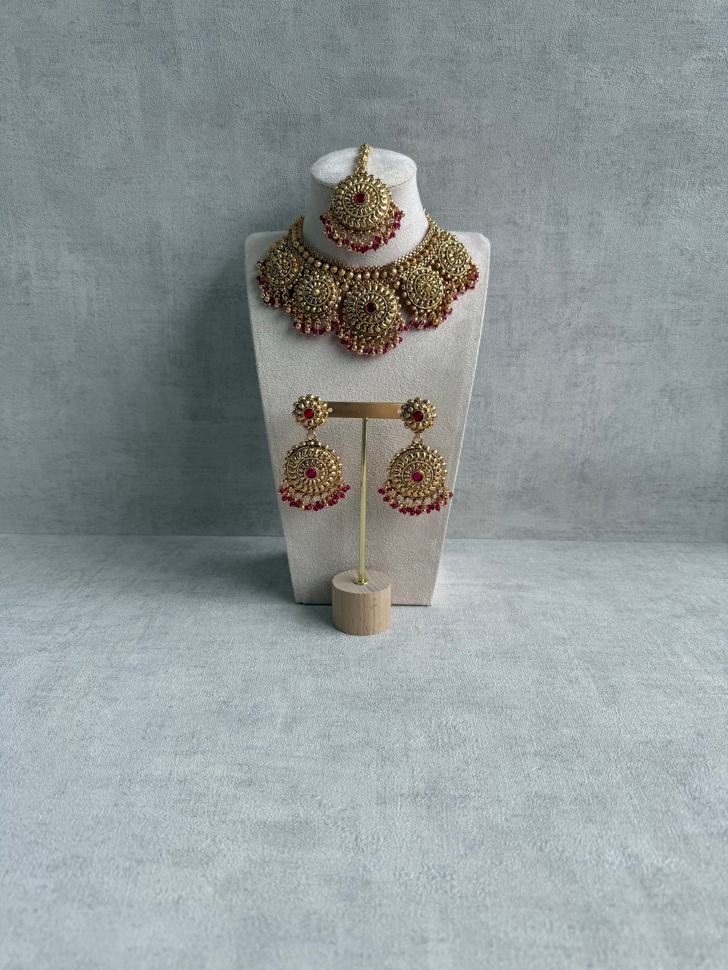 Ayura Designs Rummy Set – Statement Necklace, Earrings & Tikka with Rani Pink Beads and Polished Gold Finish