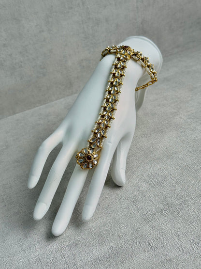 Ayura Designs Ruya Haathphool – Mirror-Cut Stones with Ruby Accents & Pearl Detailing