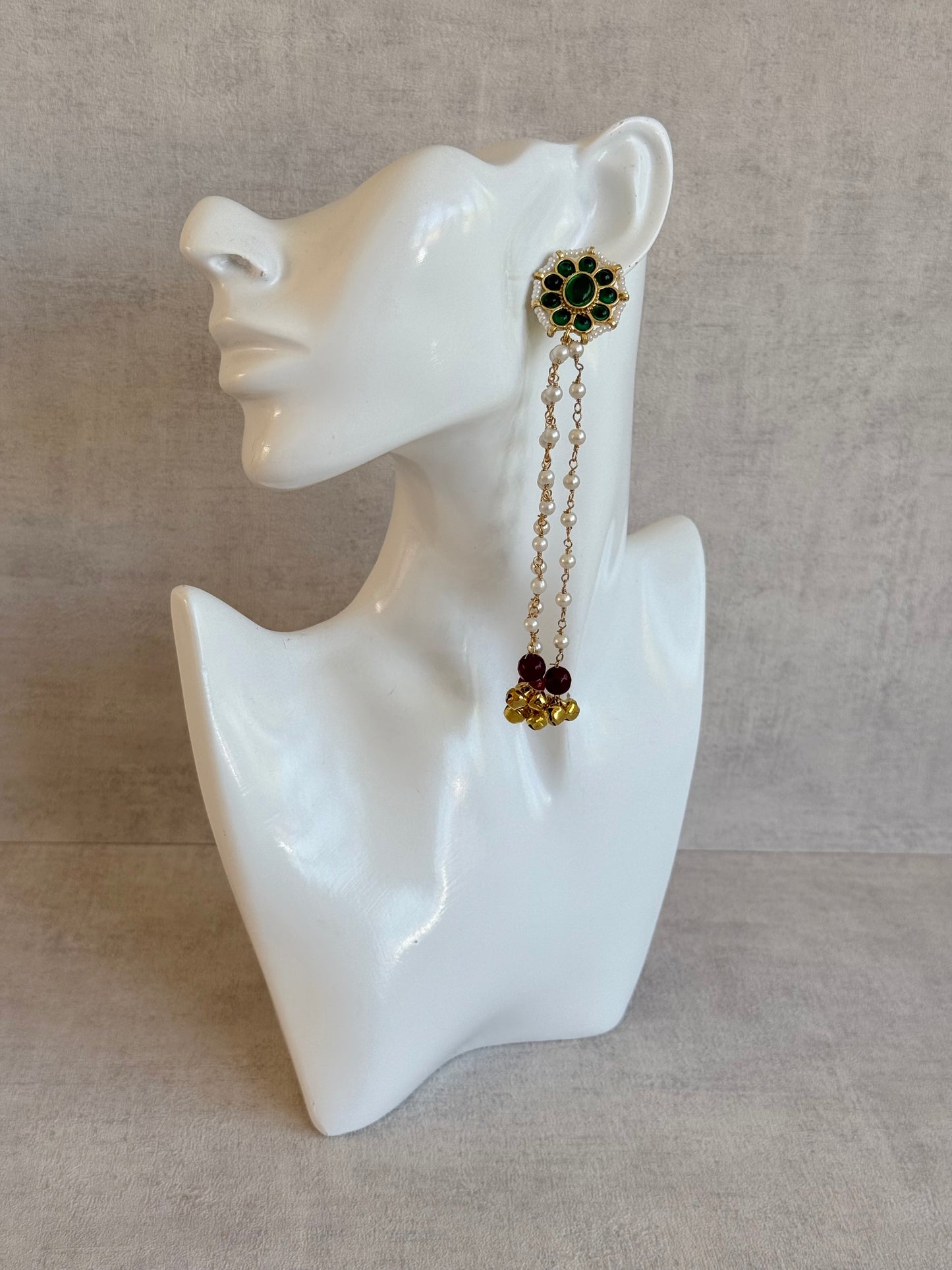 Ayura Designs Noorzar Earrings – Duster Earrings with Emerald Green Stones, Ruby Red Beads & Pearl Chains