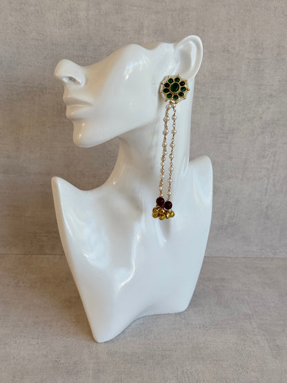Ayura Designs Noorzar Earrings – Duster Earrings with Emerald Green Stones, Ruby Red Beads & Pearl Chains