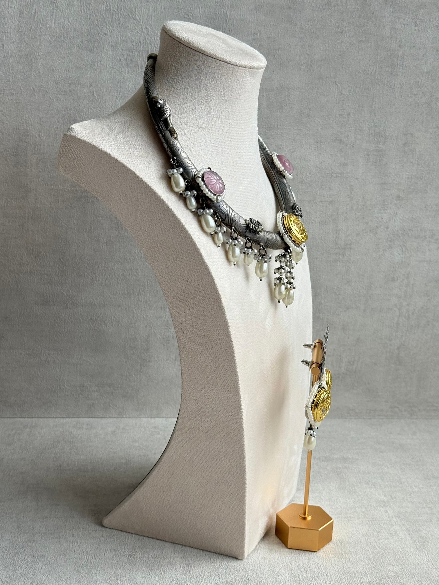 Ayura Designs Zareen Torque Necklace Set with Earrings – Dual Tone Oxidised Collar Necklace with Coin Detailing, Pearl Drops & Peacock Motifs