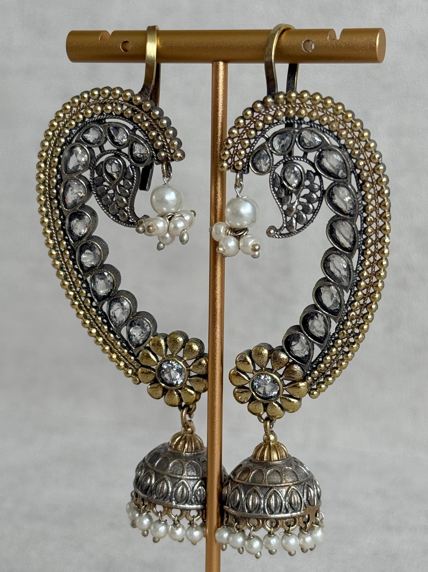 Ayura Designs Koyal Jhumkis – Oxidised Dual Tone Ear Climber Jhumkis with Kundan Stones & Pearl Detailing