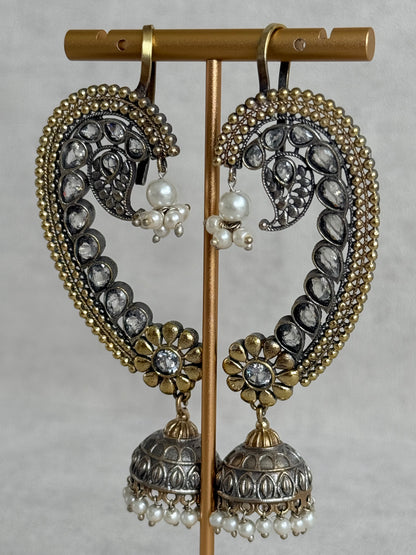 Ayura Designs Koyal Jhumkis – Oxidised Dual Tone Ear Climber Jhumkis with Kundan Stones & Pearl Detailing