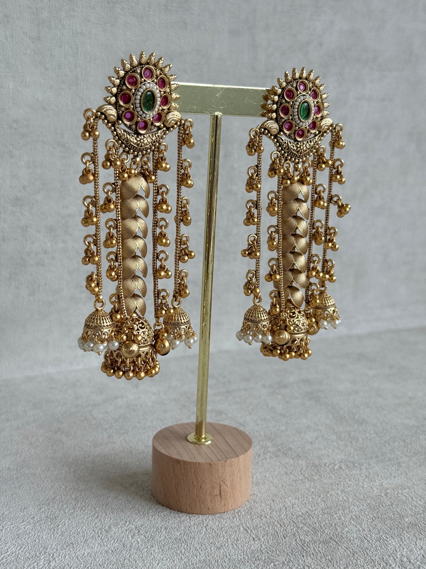 Ayura Designs Ishya Jhumkis – Gold Ghungroo Chain Earrings with Ruby Pink & Green Kundan