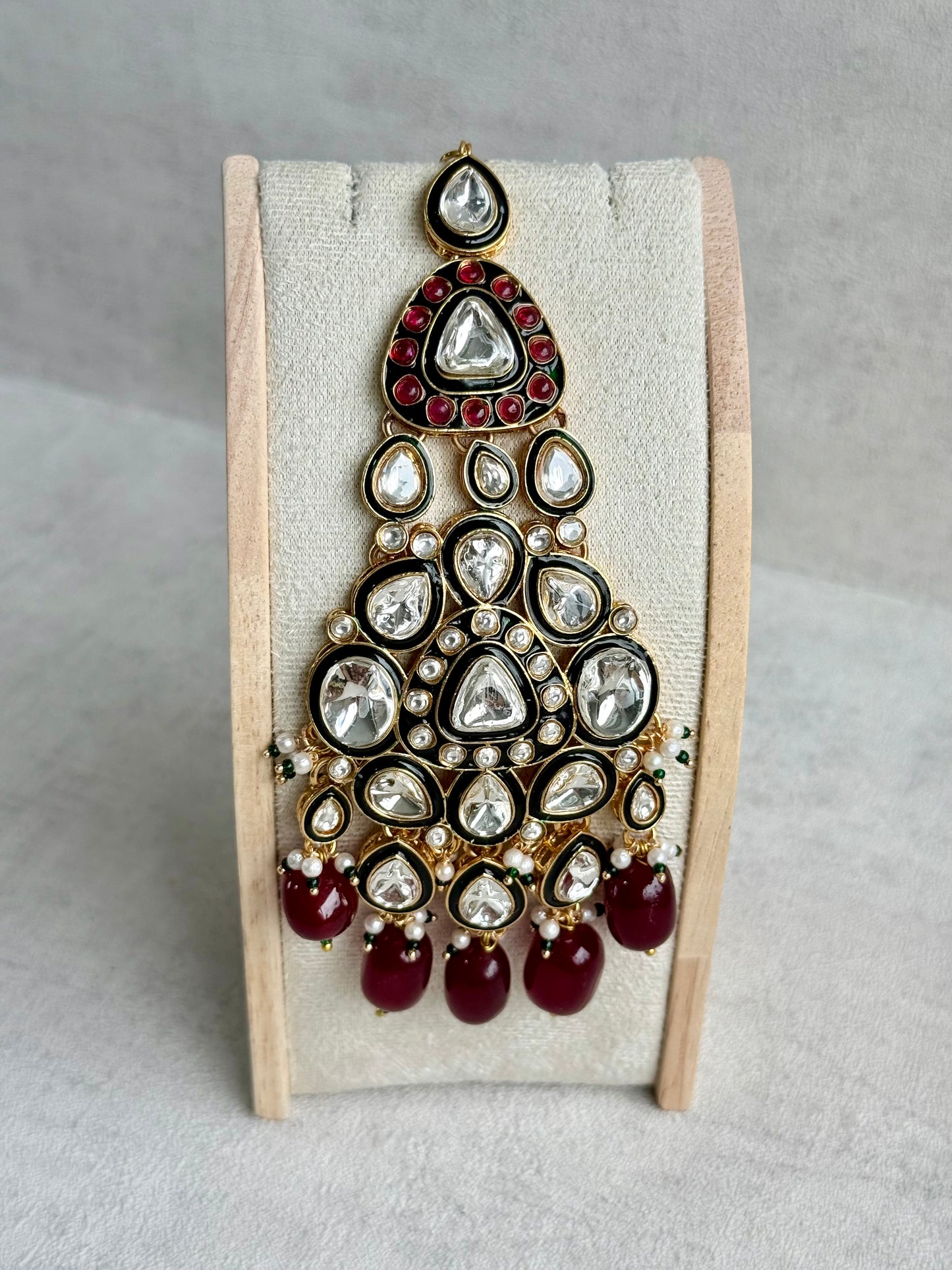 Ayura Designs Salma Jhoomar Passa – Ruby Red Beads with Kundan Stones & Antique Gold Finish